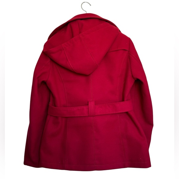 Cherry Red BCBG hooded and belted winter peacoat with silver brand hardware. - Picture 2 of 9